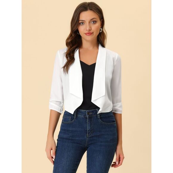 Summer Chiffon Bolero Shrug Blazer 3/4 Ruched Sleeve Open Front Cardigans White - Picture 5 of 6